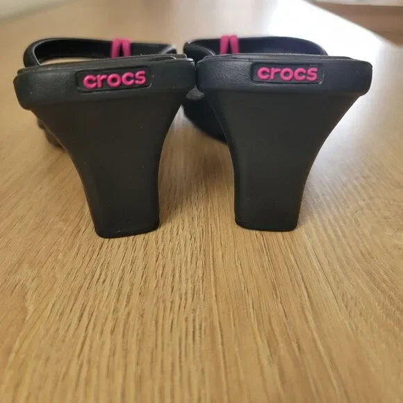 CROCS Cabana Slip On Thong Wedge Heels Flip Flops Sandals Black Rubber Womens 7 - Picture 3 of 4